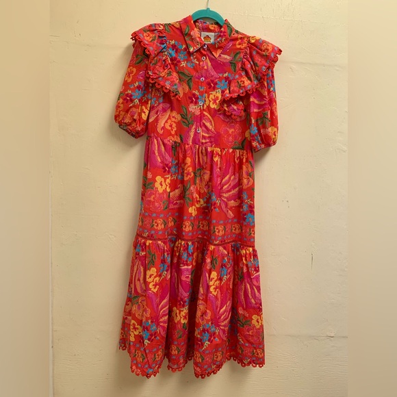 FARM RIO Red Spring Bananas Ruffle Shoulder Midi Dress - Picture 4 of 8